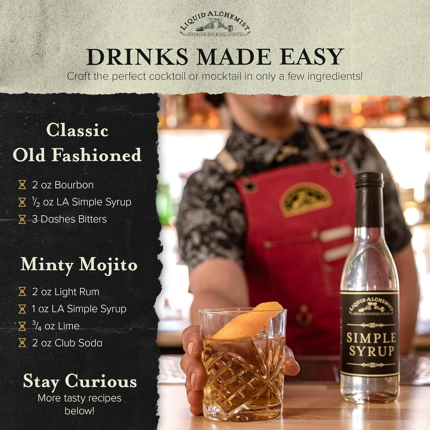 Liquid Alchemist Simple Syrup for Cocktails - Real Ingredients Make our Simple Sugar Syrup the Perfect Old Fashioned Mix - Non-GMO, Gluten Free & Vegan (25 oz)