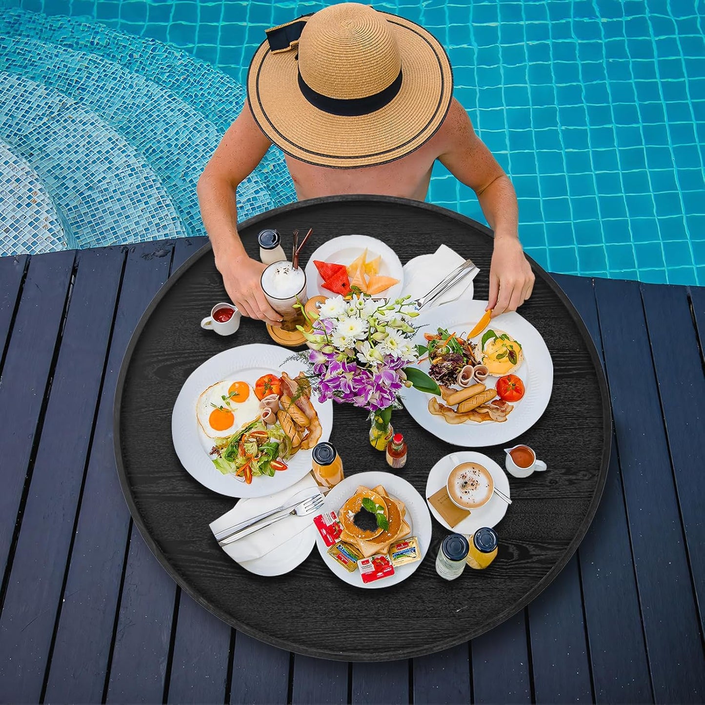 30 inch Round Solid Wood Serving Tray Extra Large Tea Coffee Snack Food Meals Serving Plate Non-Slip Kitchen Party Bar Server Ottoman Tray Breakfast Tray with Raised Edges Black