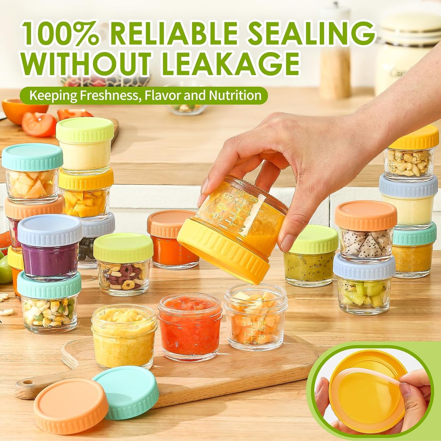 DRKIO 20 Pack Glass Baby Food Storage Containers 4 Oz Baby Food Jars with Lids Baby Food Maker Microwave Dishwasher Freezer Safe 100% Leak-Proof BPA Free