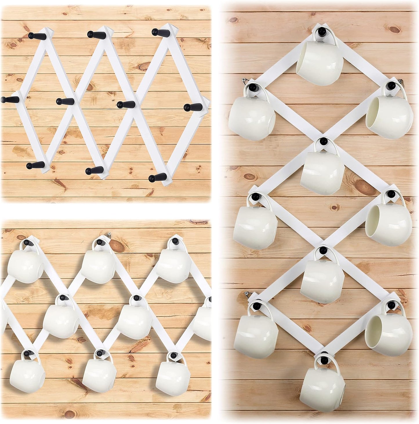 Dseap Accordian Wall Hanger: 16” High Wooden Wall Expandable Coat Rack, Hat Rack Holder, Accordion Hook for Baseball Caps, Coats, Mugs, 10 Peg Hooks, White & Black