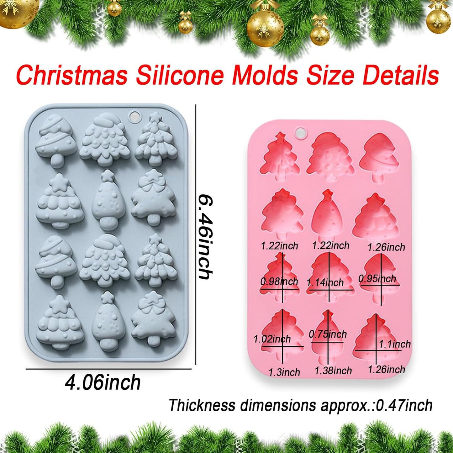 2 Pcs Christmas Tree Silicone Molds, 6 Types 12 Cavity Christmas Tree Shaped Candy Baking Moulds, for Chocolate Jelly Soap Fondant Candy Candles Pastry Gummies Cake DIY Decorating
