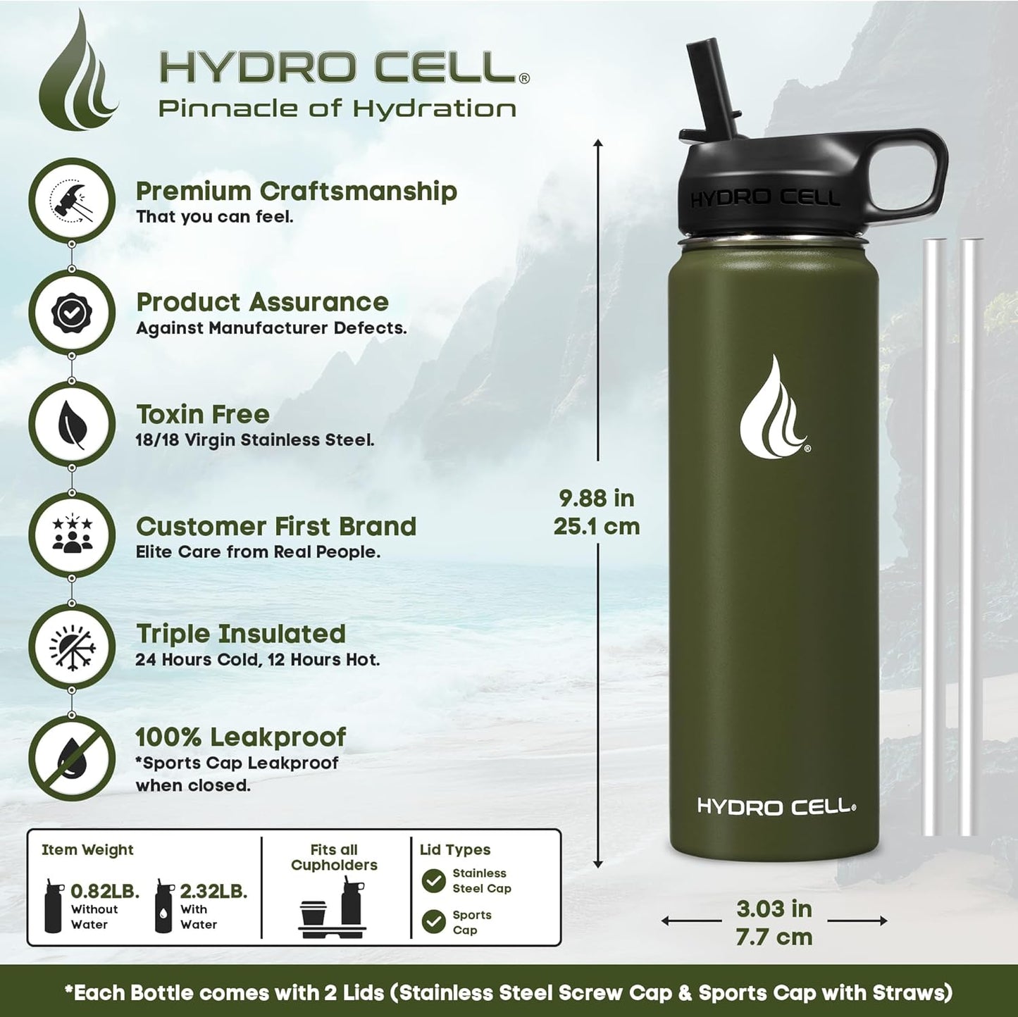 HYDRO CELL Stainless Steel Insulated Water Bottle with Straw - For Cold & Hot Drinks - Metal Vacuum Flask with Screw Cap and Modern Leakproof Sport Thermos for Adults (Army 24oz)