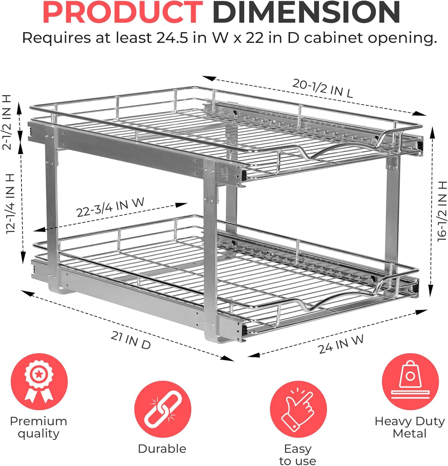 HOLDN’ STORAGE Two Tier Pull Out Cabinet Organizer, Individual Sliding Drawers - Heavy Duty Metal with Lifetime Limited Warranty - Anti Rust Chrome Finish - 24" W x 21”D x 16.5" H