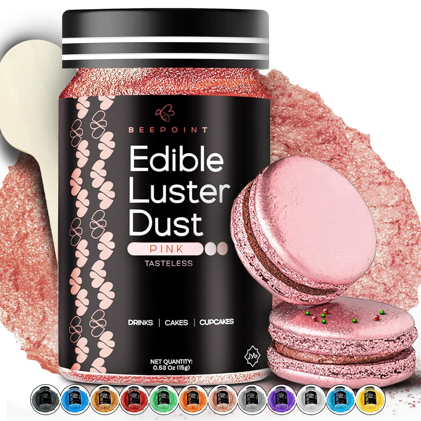 BeePoint Pink Edible Luster Dust 15g - Food Grade, Vibrant Color Shimmer Powdered Dust for Drinks, Cocktails, Cake Decorating, Baking, Chocolates, Candy, Sweets, & Cookies - Vegan & Gluten Free