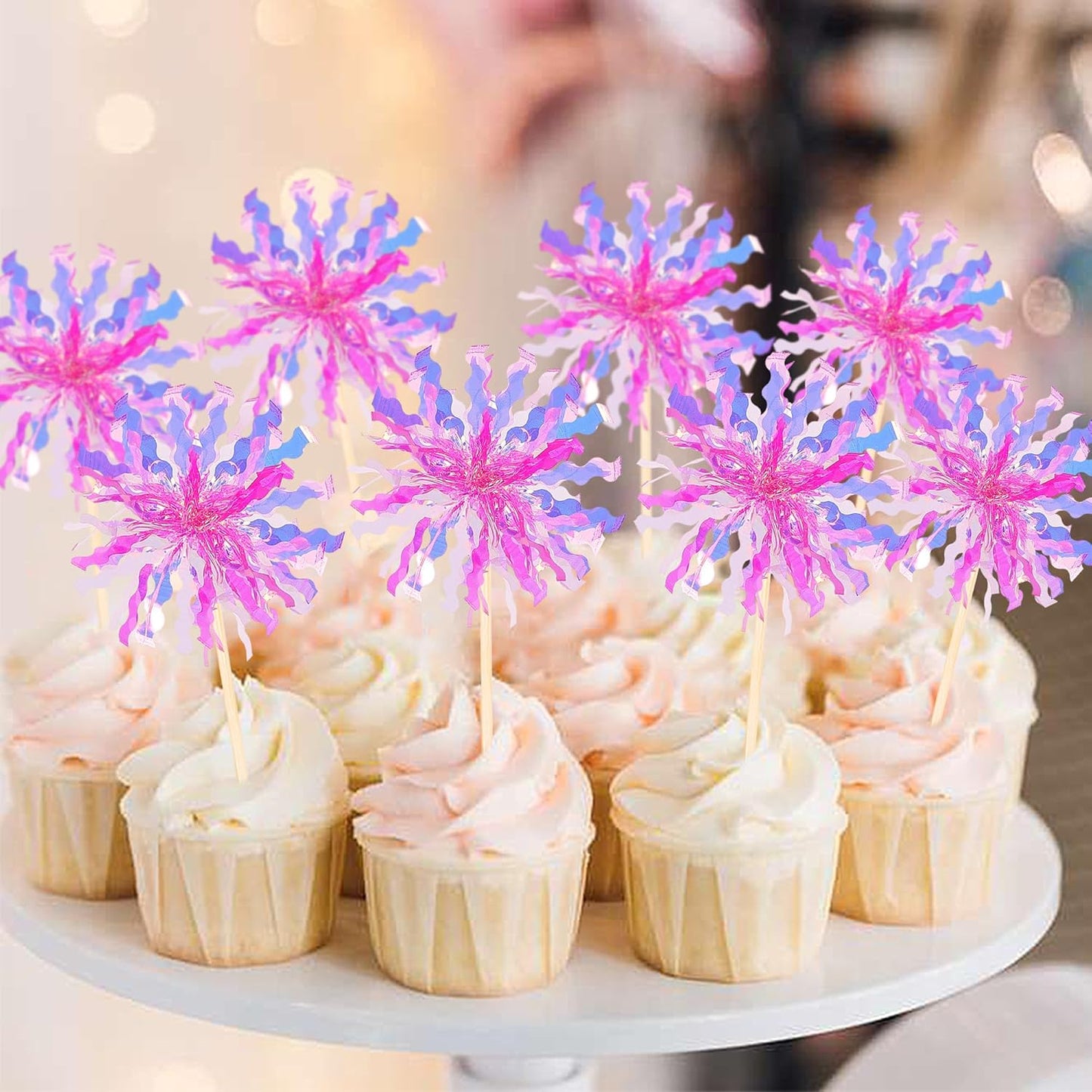 30 PCS Foil Firework Cupcake Toppers Sparkle Tinsel Cupcake Picks Happy Birthday Cake Decorations Drink Stirrers Cocktail Food Fruit Toothpicks for Baby Shower Graduation Party Supplies Rose Red