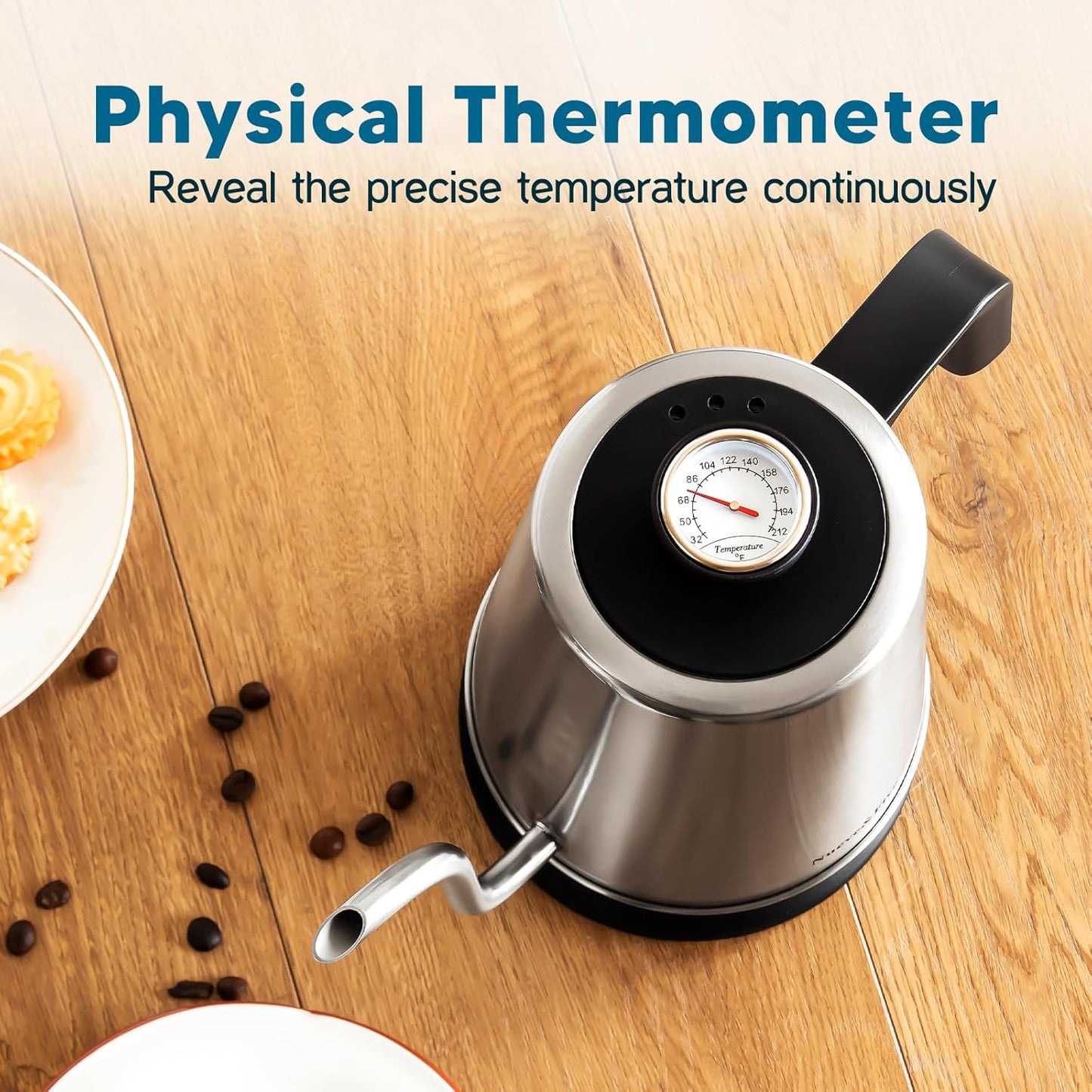 Nueve&Five Gooseneck Electric Kettle with Thermometer,Electric Tea Kettle 1L with Auto Shut-Off，1000W Hot Water Kettle of Stainless Steel,Pour Over Kettle for Coffee & Tea -Chrome