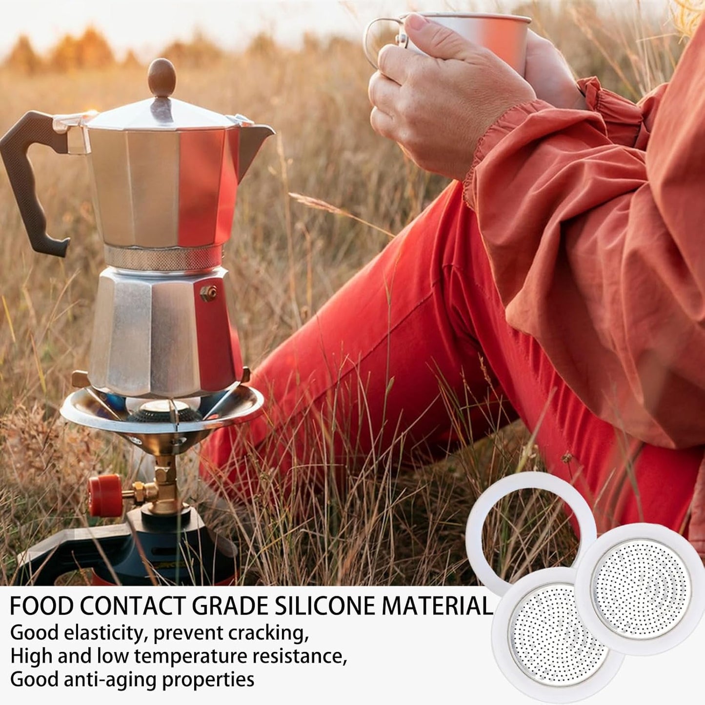 2 Pcs Filter with 3 Pcs Silicone Gasket Seals for 3 Cup Stovetop Espresso Coffee Maker Replacement Parts for DITOSH Aluminium Moka Pot