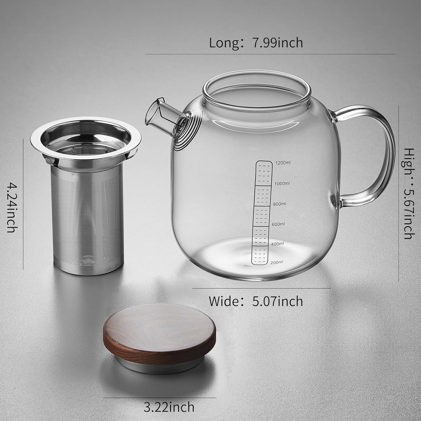 Glass Teapot With Stainless Steel Infuser 1200ml, Glass Tea Pot, Loose Leaf Tea Kettle, Glass Kettle Stovetop, Teapot With Strainer, Tea Infuser Pot Glass Teacup Tea Cups For Blooming Tea