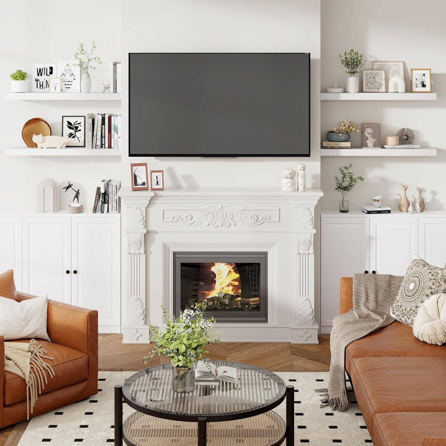 Heimlove 36 Inch Floating Shelves for Wall 8 Inch Deep White Shelves Set of 2,Wall Mounted Rustic Wood Long Floating Shelf with Invisible Brackets for Bedroom Kitchen Living Room