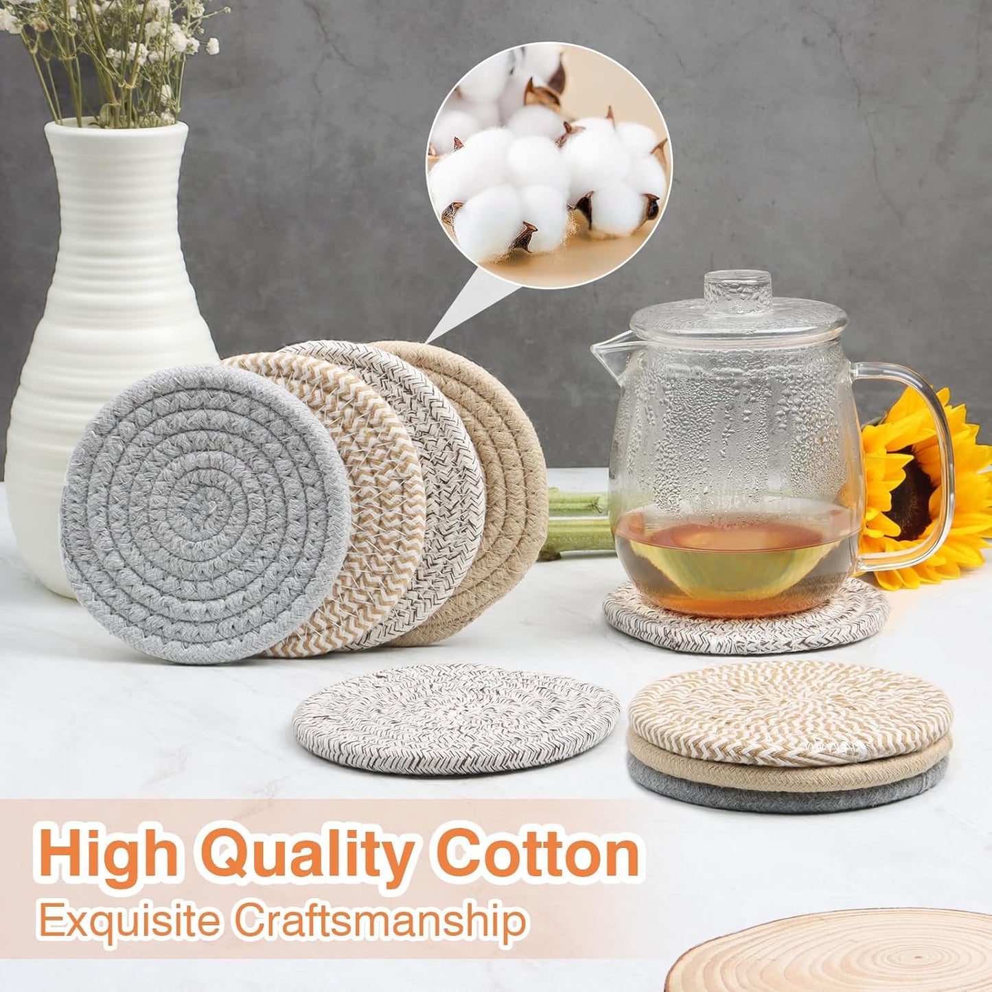 4.8IN Woven Drink Coasters Set of 4, Thick Absorbent Coasters, Boho Cotton Neutral Handmade Coaster, Table OOffice Desk Decor Posavasos for Coffee Cups with Giftbox (Multicolored, 4.8inch)