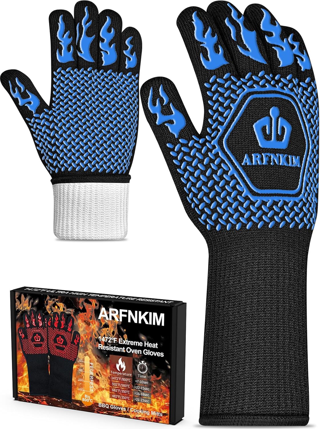 BBQ Oven Gloves, 1472℉ 3-Layers Heat Resistant Oven Mitts Silicone Non-Slip Cooking Gloves for Barbecue, Grilling, Baking, Welding, Smoker (A Pair) (Blue)