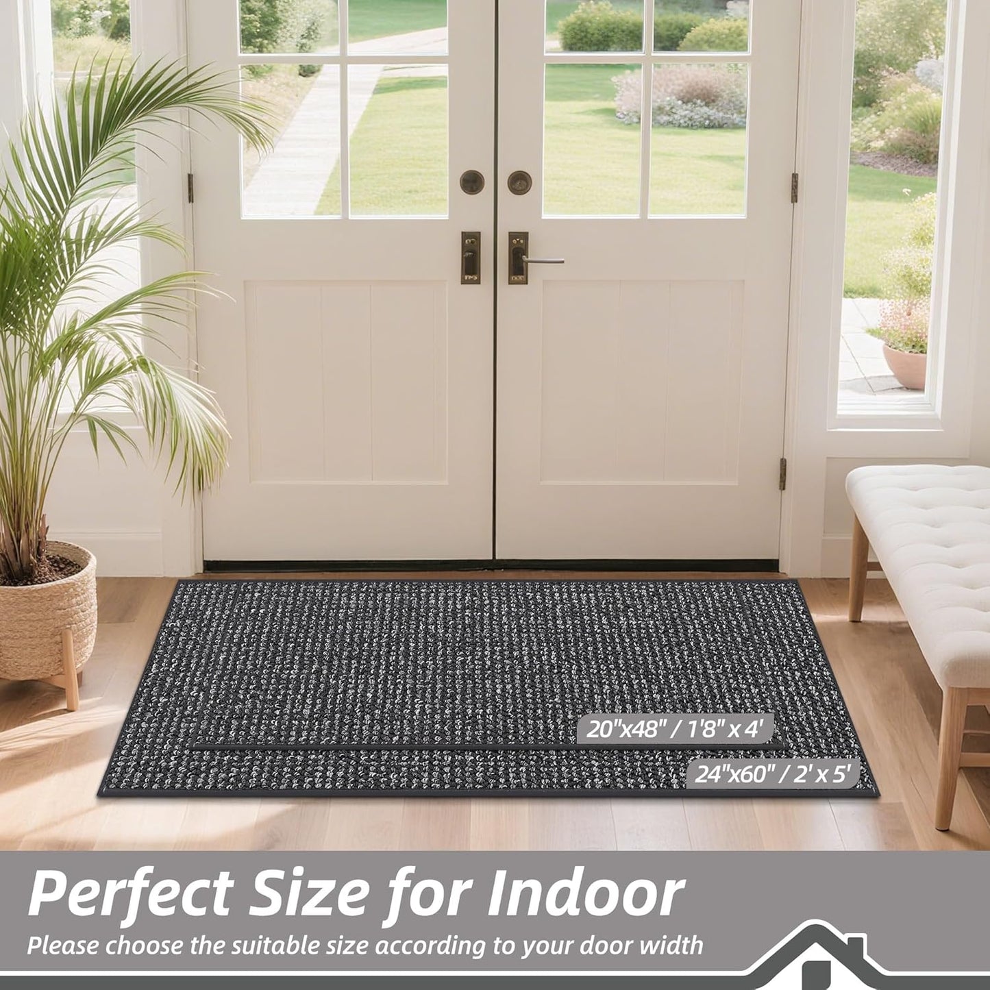 BEQHAUSE Dirt Trapper Door Mat 24" x 60", Non-Slip Washable Doormats Entrance Mat, Dirt Resistant and Absorbent Welcome Mat, Low Profile Floor Mats for Front Back Door and Entryway, Charcoal