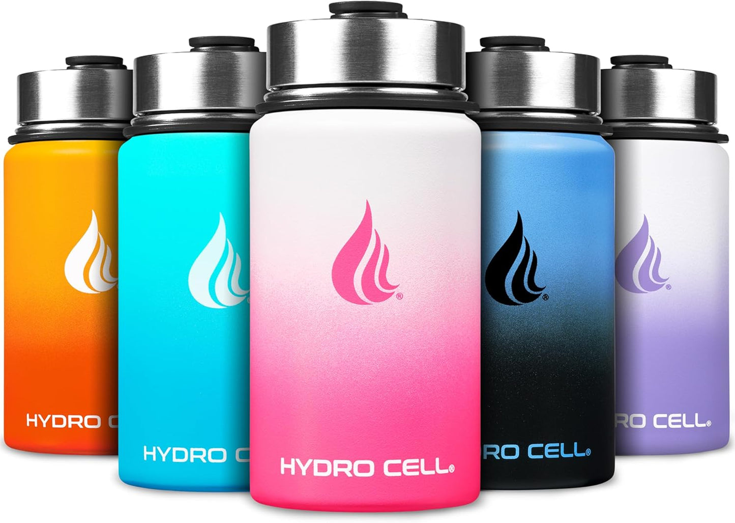 HYDRO CELL Stainless Steel Insulated Water Bottle with Straw - For Cold & Hot Drinks - Metal Vacuum Flask with Screw Cap and Modern Leakproof Sport Thermos for Adults (White/Pink 14oz)