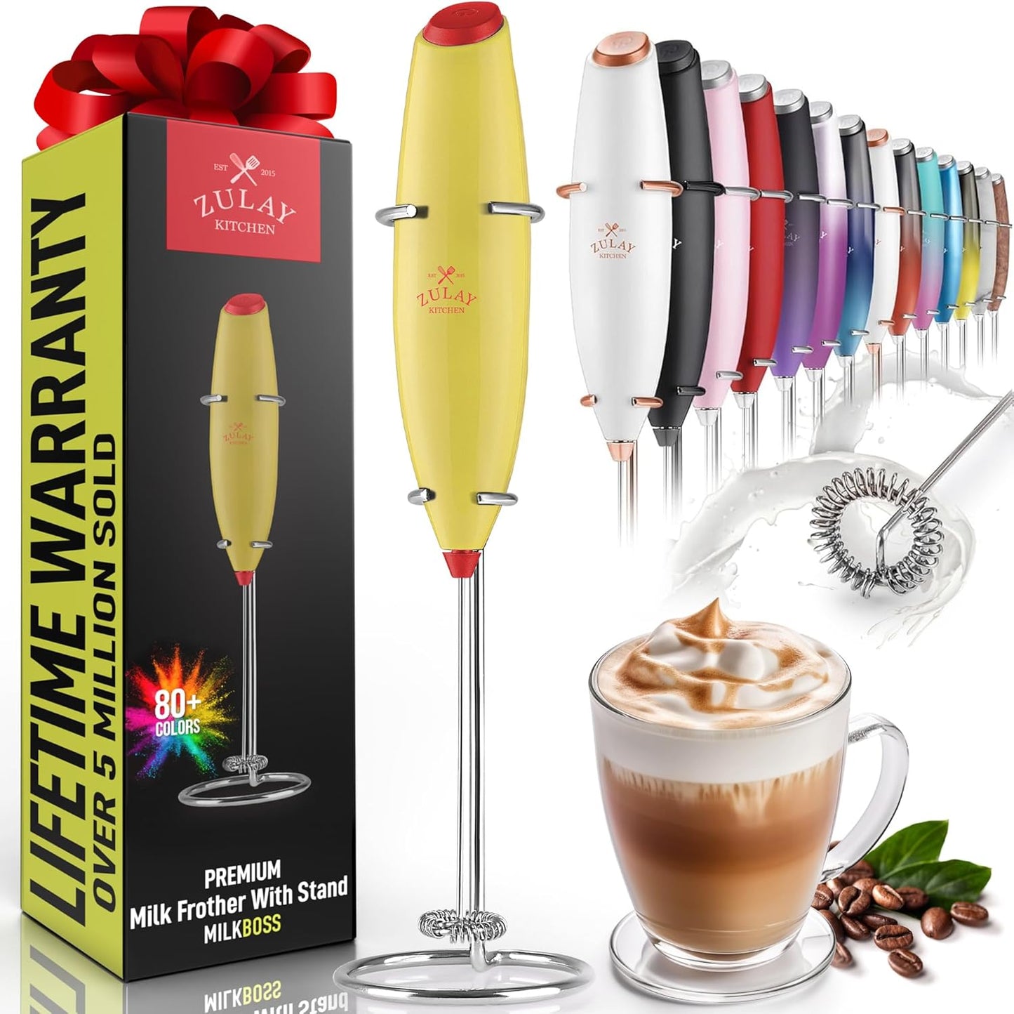 Zulay Kitchen Powerful Milk Frother Wand - Ultra Fast Handheld Drink Mixer - Electric Whisk Foam Maker for Coffee, Lattes, Cappuccino, Matcha & Creamer - Lime N Red