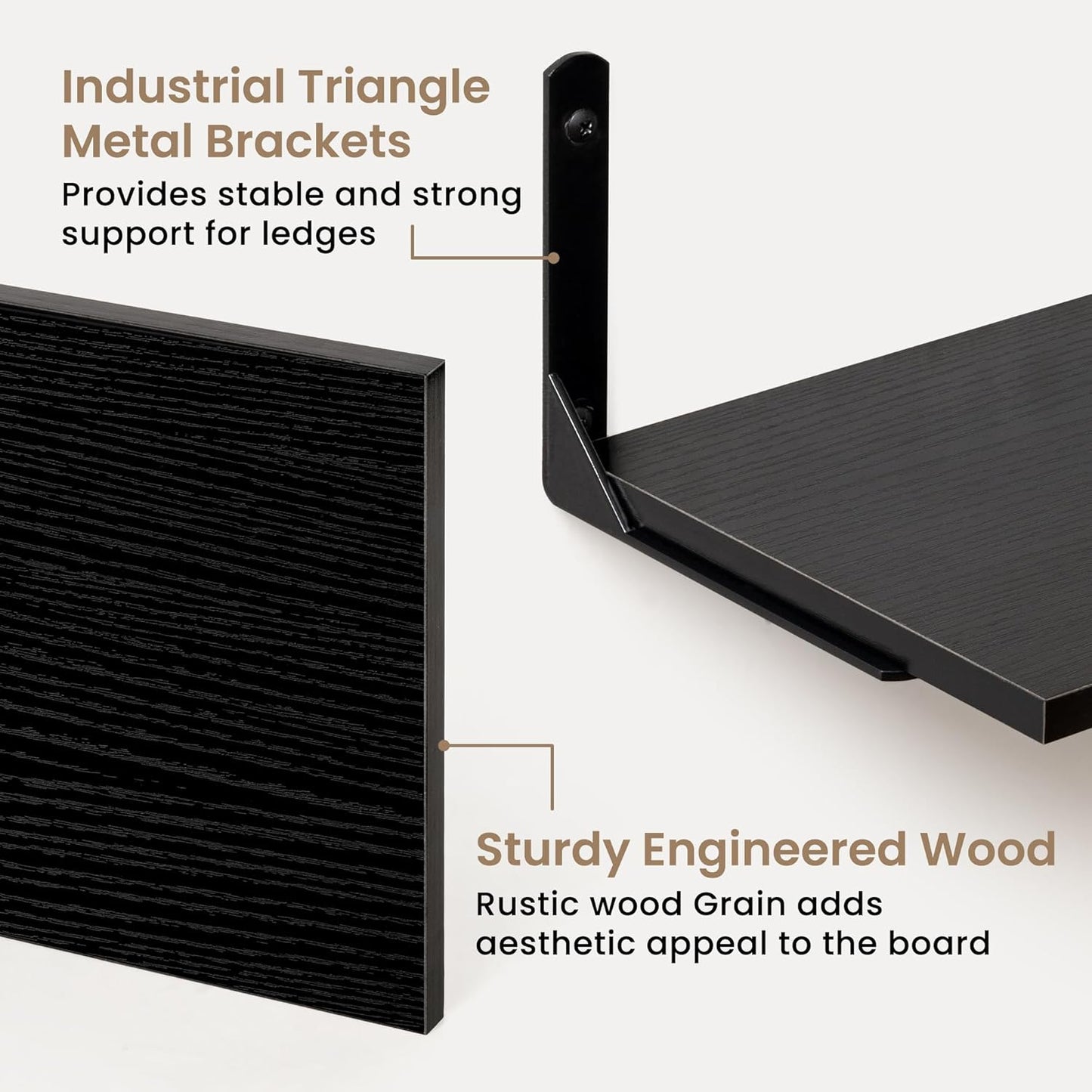 Fun Memories Deep Floating Shelves, 24W x 8D Floating Shelves Set of 2, Wall Mounted Shelf with Metal Brackets, Rustic Wood Wall Shelf for Bathroom, Kitchen and Living Room, Black