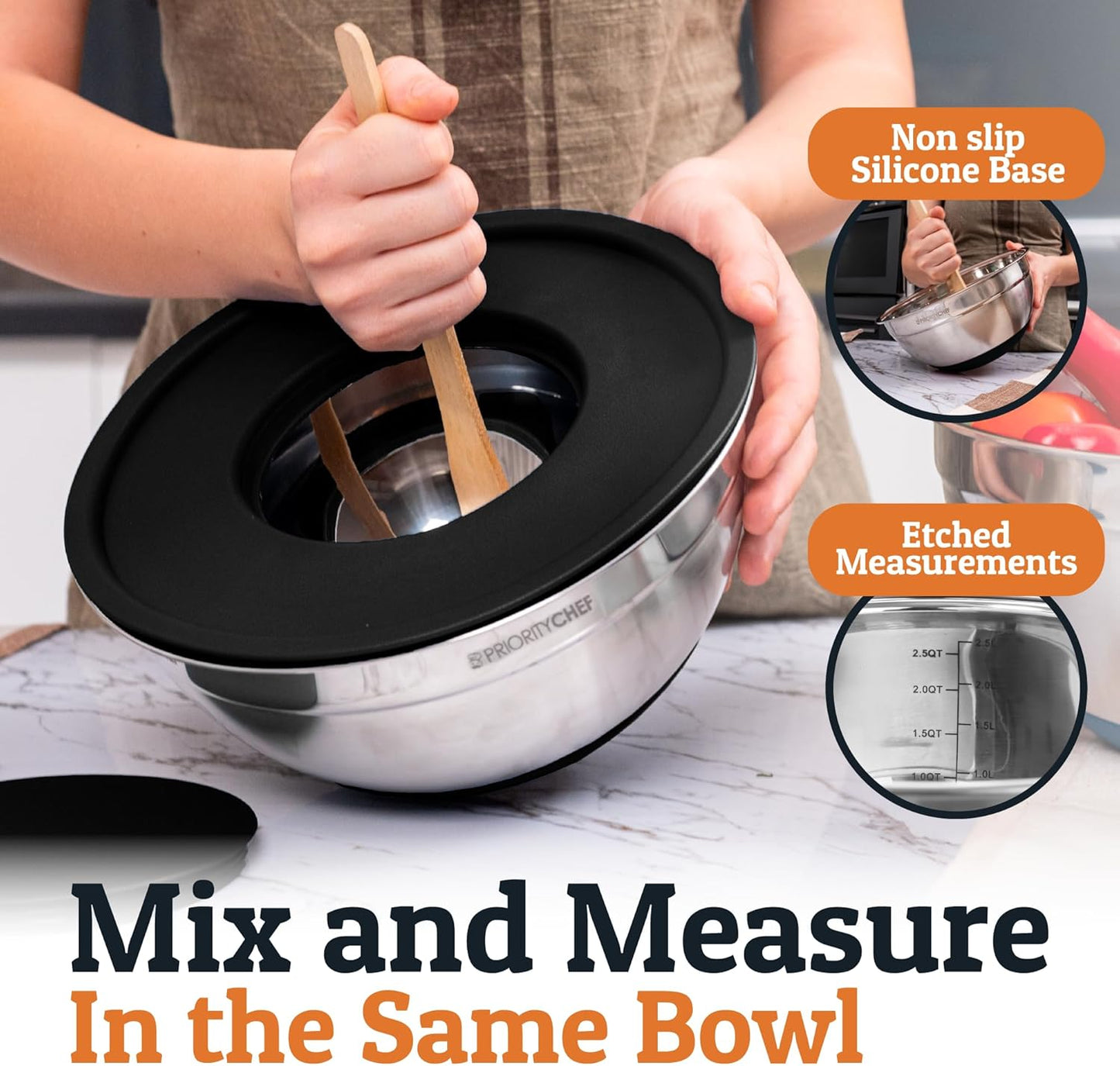 Priority Chef Stainless Steel Mixing Bowls with Lids Set - Premium 30Pcs with 6pc Metal Bowl Set for Kitchen, 3 Graters, Airtight Lids, Non-Slip Bases & Silicone Utensils, Black