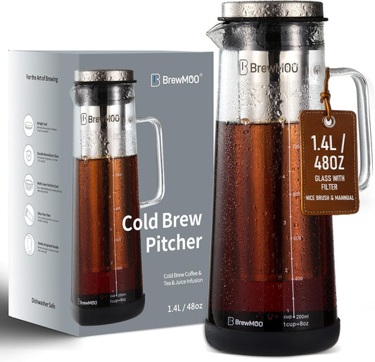 Cold Brew Coffee Maker (1.4L/48oz) - Sleek Borosilicate Glass Pitcher with 100um 304 Stainless Steel Filter, Non-Slip Base & Airtight Lid, Effortless Manual + Recipes for Beginner (Black)