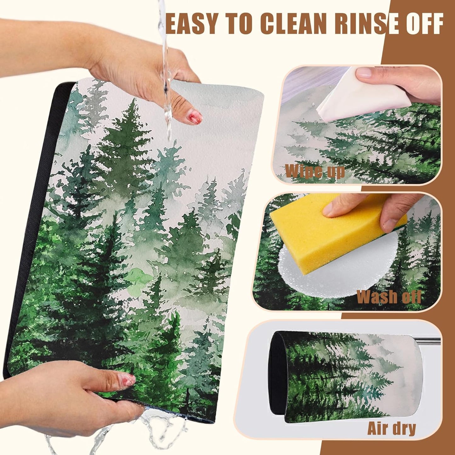 Dish Drying Mat Watercolor Foggy Forest Coffee Bar Mat for Countertop Absorbent Rubber Backed Hide Stain Dish Drainer Rack Pad Coffee Maker Espresso Machine Dining Room Decor 11.8 x 19.7 Inch