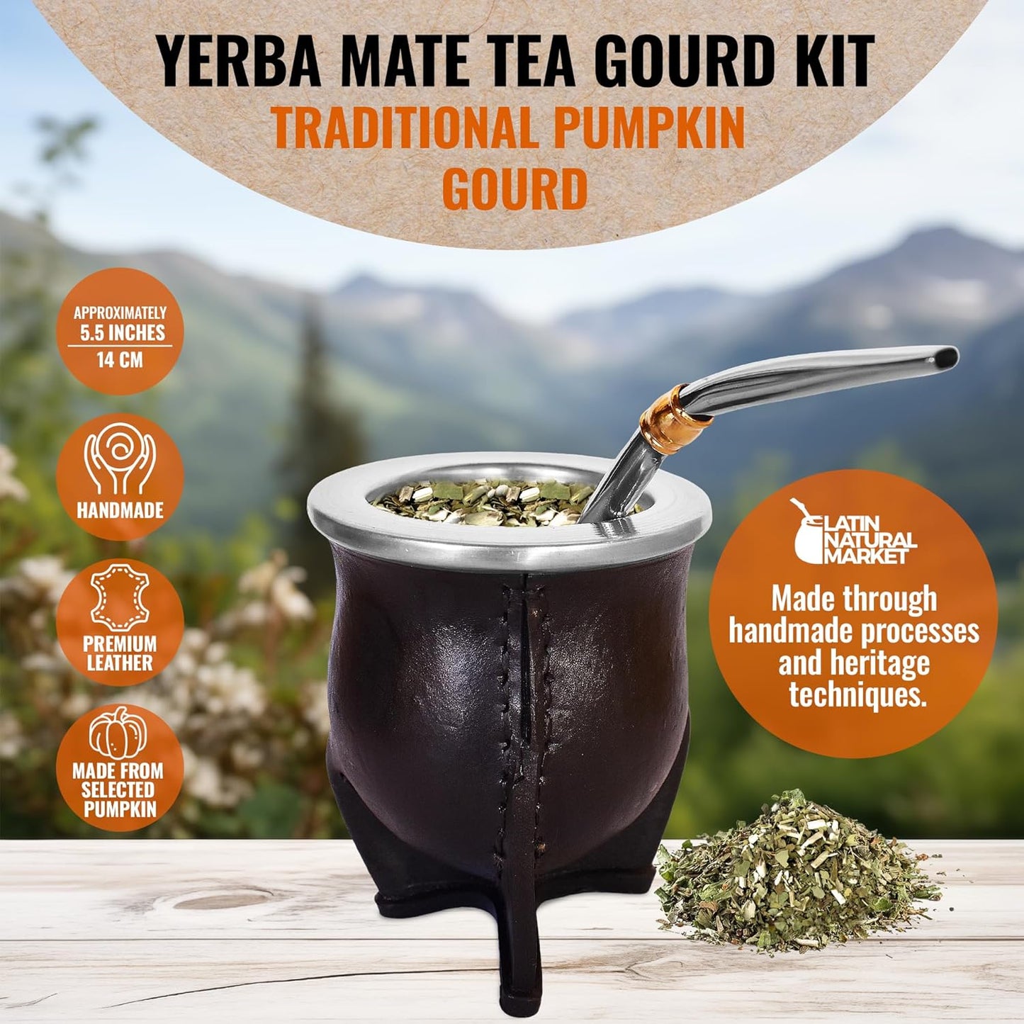 Authentic Artisan Yerba Mate Gift Set – Handmade 5.5" Natural Calabash Gourd with Leather Cover + Stainless Steel Bombilla – Traditional Argentine Kit (Gift Ready)