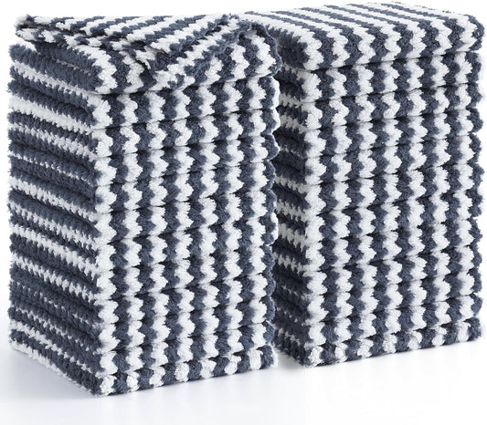Homaxy 24 Pack Kitchen Dish Cloths, Ultra Soft and Absorbent Dish Towels, Reusable Fast Drying Microfiber Cleaning Cloth, Coral Velvet Wave Design No-lint, 10 x 10 inches, Dark Grey