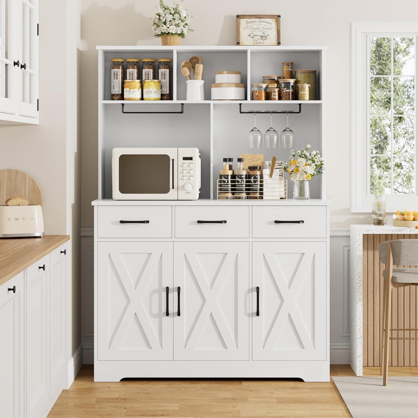 HOSTACK Buffet Cabinet with Hutch, Modern Farmhouse Kitchen Buffet Sideboard Storage with 3 Drawers, Barn Door Coffee Bar Station, Liquor Cabinet for Dining Room, Living Room, White