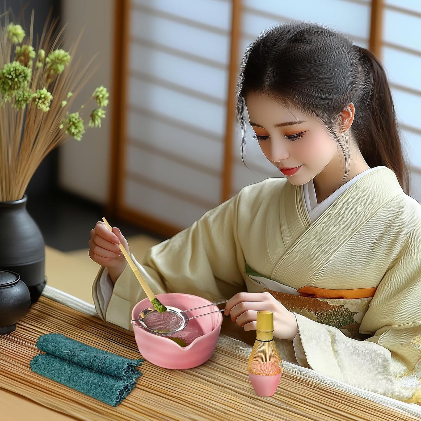 Matcha Set, 9 Pcs Japanese Matcha Whisk Set Matcha Tea Set for Traditional Tea Ceremony, Ceramic Matcha Kit for Matcha Drinks Matcha Set Whisk and Bowl Gift for Starters & Matcha Lover, Pink