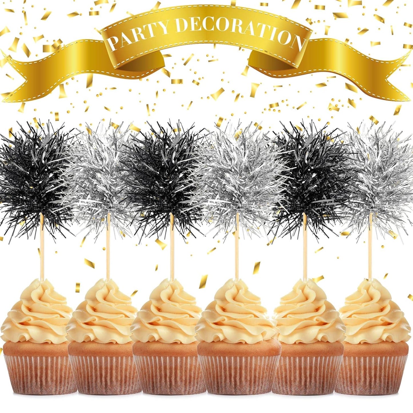 Chinco 100 Pcs Foil Firework Cupcake Toppers Sparkle Tinsel Cake Toppers Cake Decoration Cocktail Fruit Toothpick for Birthday Wedding Graduation Party(Silver, Black)