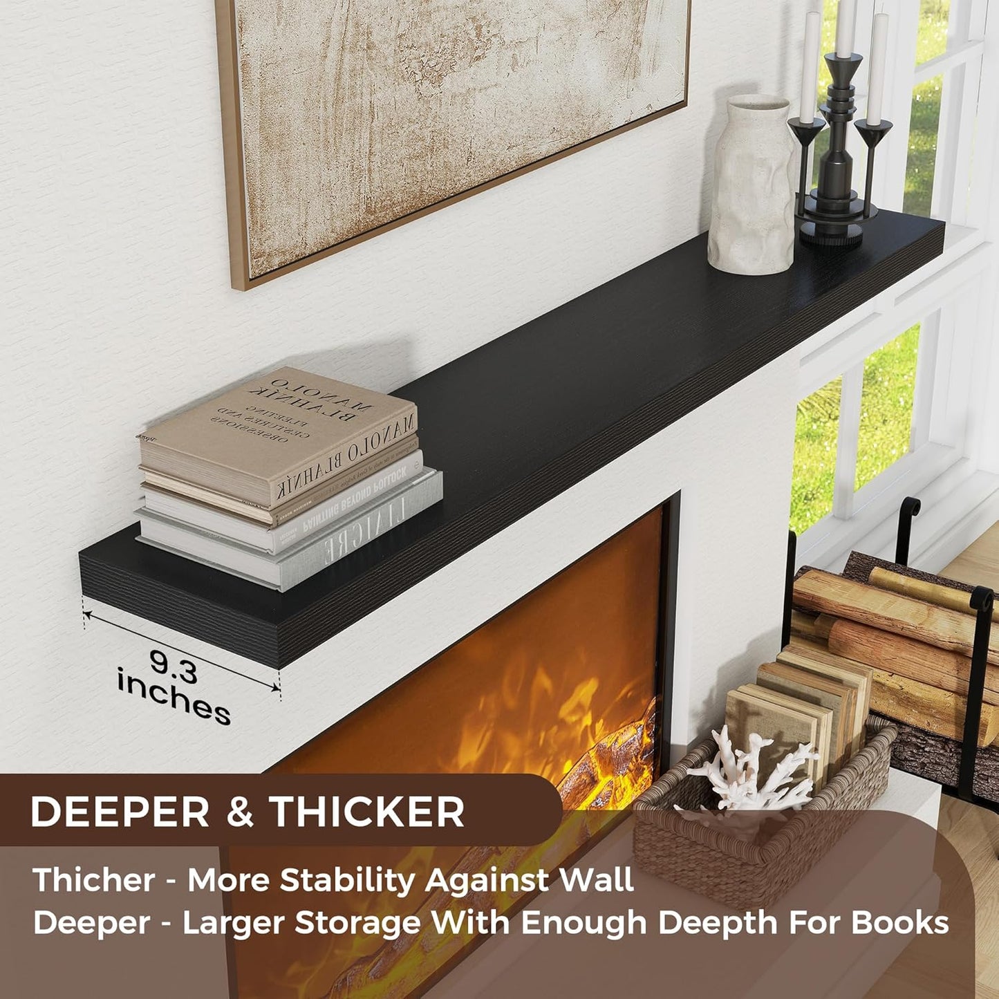 Floating Shelves for Wall, Large Wall Mounted Shelves with Invisible Brackets, Long Wood Floating Shelf Shelves for Living Room, Bedroom, Kitchen, (Black, 55" W x 9" D x 1.5" H)