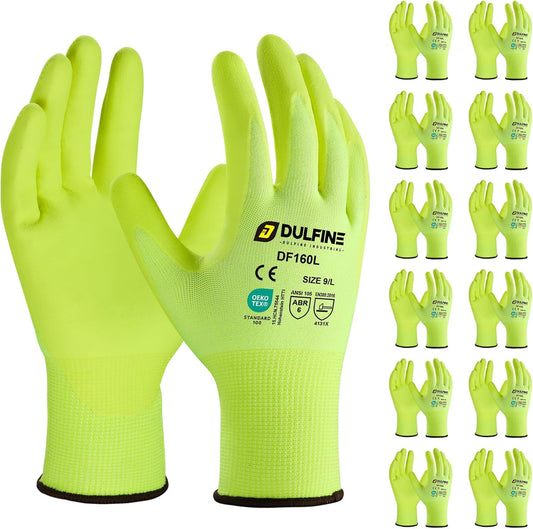 DULFINE Work Gloves for Men and Women,Hi-Vis Yellow Knit Nylon Glove with MicroFoam Nitrile Coated-12 Pairs Pack,Ideal for General Purpose,Automotive,Home Improvement,Painting(XX-Large)