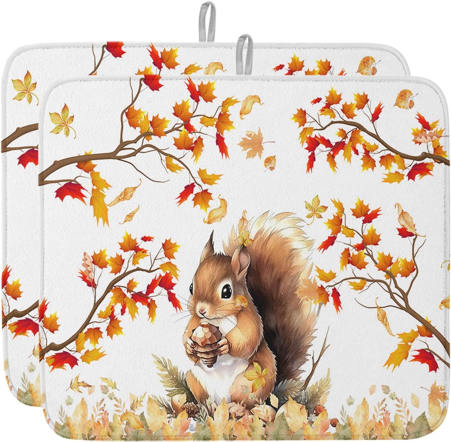 Fall Dish Drying Mat for Kitchen Counter Squirrel Drying Pad Absorbent Drying Mats for Countertops Sinks Draining Racks Pine Cone Autumn Maple Leaves Drainer Holiday Harvest Thanksgiving Decor 18x24