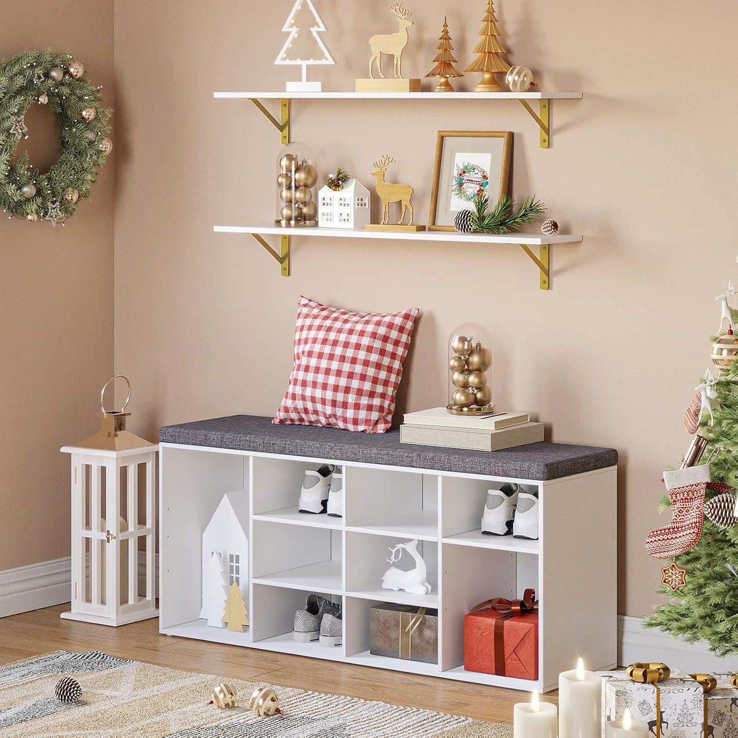 DINZI LVJ Long Wall Shelves, Set of 4, 39.4Inch Wall Mounted Shelves, Floating Shelves for Wall Storage with Metal Brackets, for Living Room, Bathroom, Bedroom, Kitchen, White and Gold