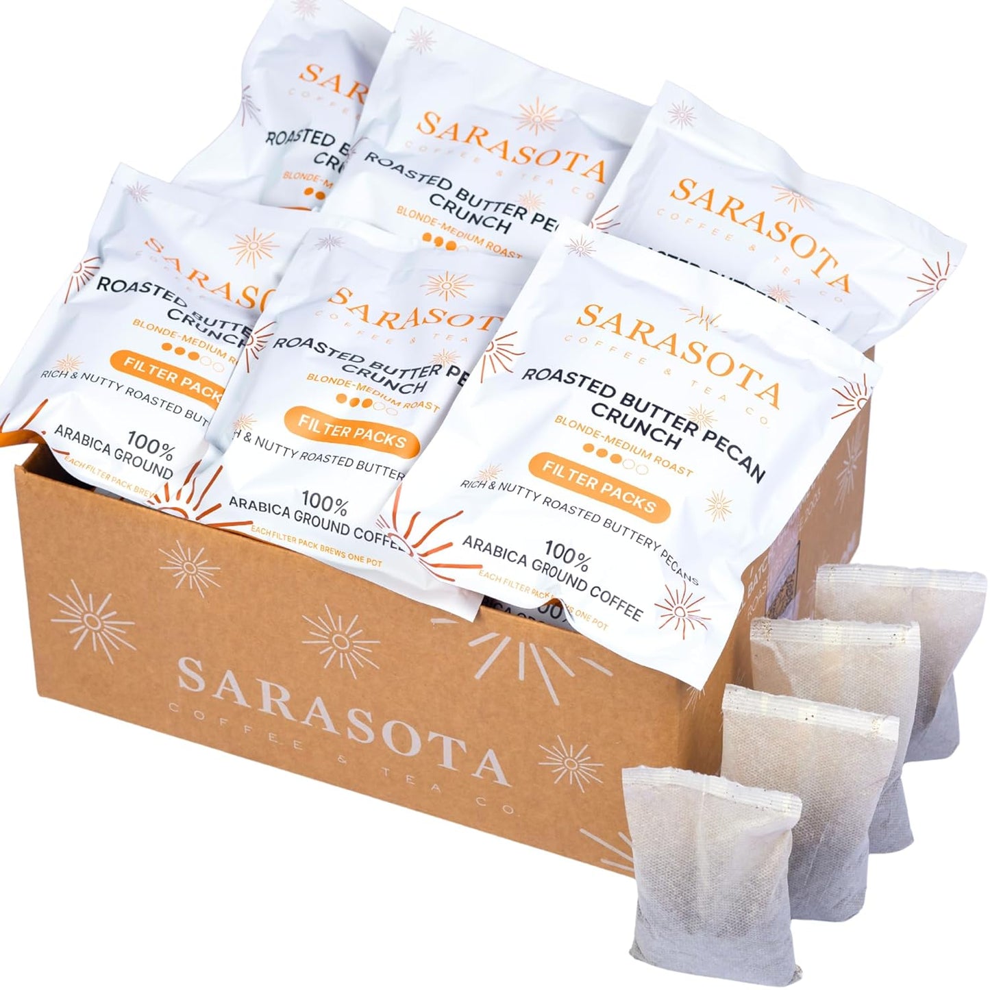 Ground Flavored Coffee In Filter Packs | Medium Roast Low Acid Mold Free Pouches | Sampler Packets | Roasted Butter Pecan Crunch Gourmet Powder Bags for 10-12 Cup Drip Maker | Highest Rated Individual Premeasured Coffee