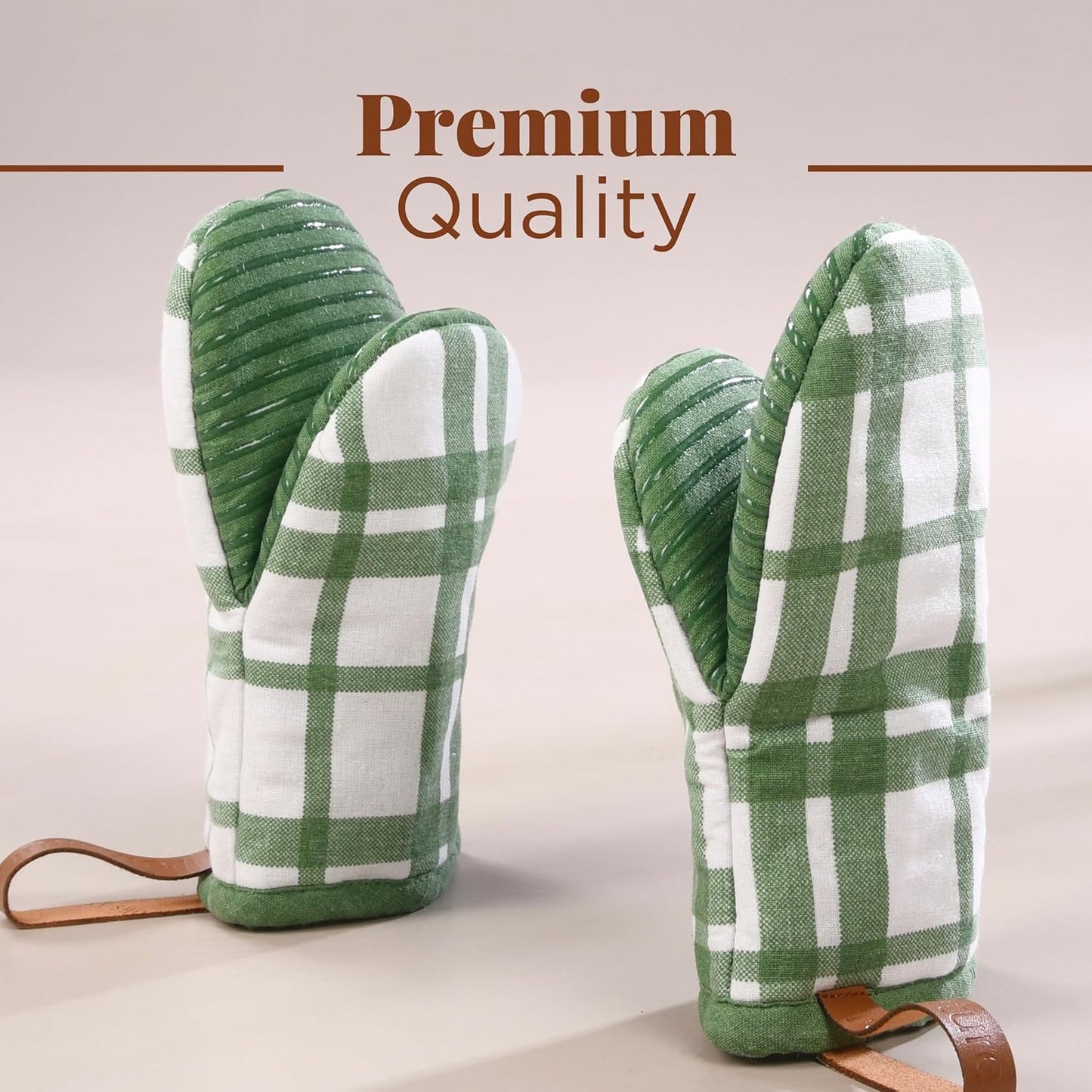 Folkulture Mini Oven Mitts Heat Resistant | (5.75 x9) Set of 2 Short Green Oven Mitts with Hanging Loop | 100% Cotton Oven Gloves or Kitchen Mittens | Small Oven Mitt Set or Green Silicone Oven Mit