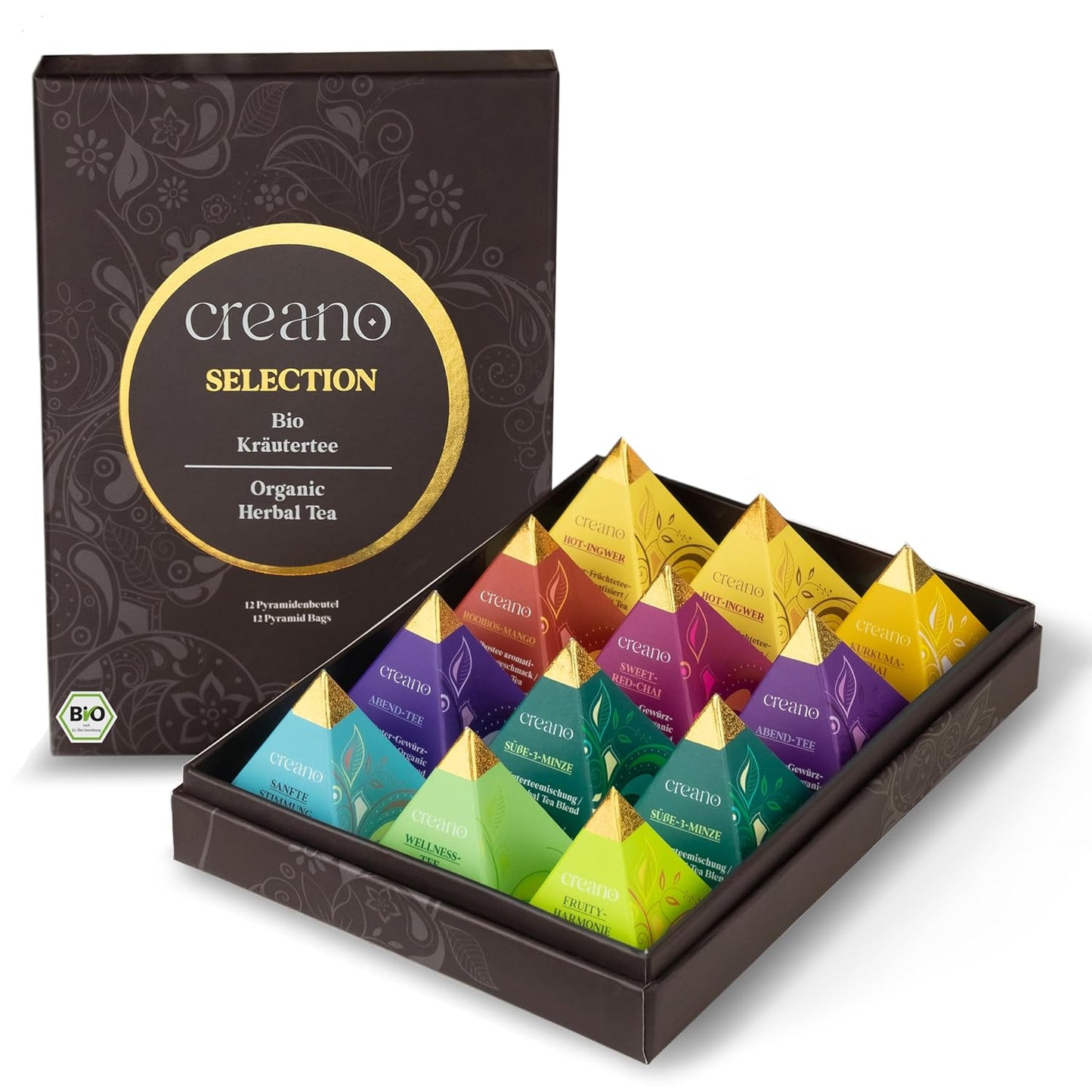 Creano Organic Herbal Tea Gift Set "Organic Herbal Tea" – 12 Pyramid Tea Bags in 9 Different Varieties – 22.5 g*