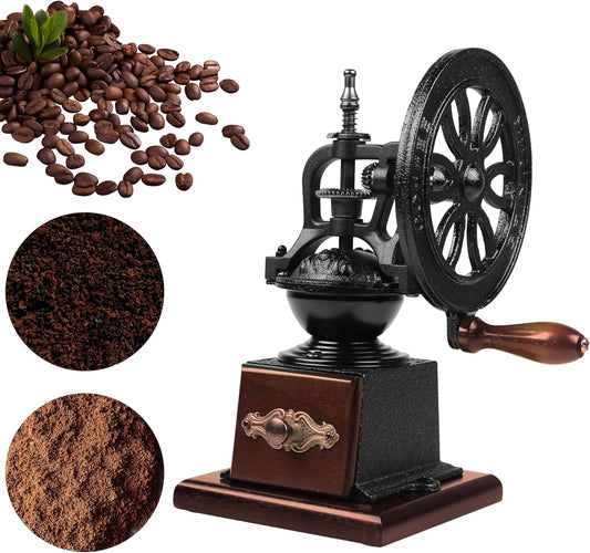 Vintage Manual Coffee Grinder with Cast Iron Wheel, Wood Handle, Carbon Steel Grinding Core, Black and Brown, 10.63x5.71 Inch