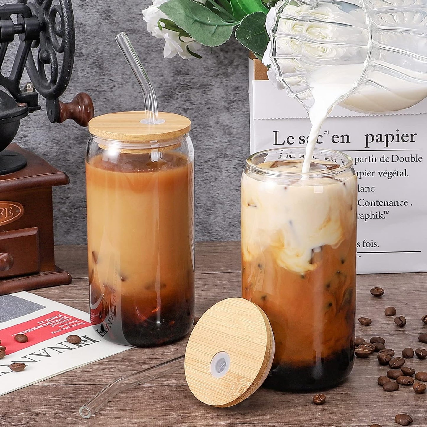 Glass Cups with Lids and Straws, 16oz Drinking Glasses, Iced Coffee Cups, Glass Tumbler with Lid, Great for Soda Boba Tea Cocktai (1 PACK)