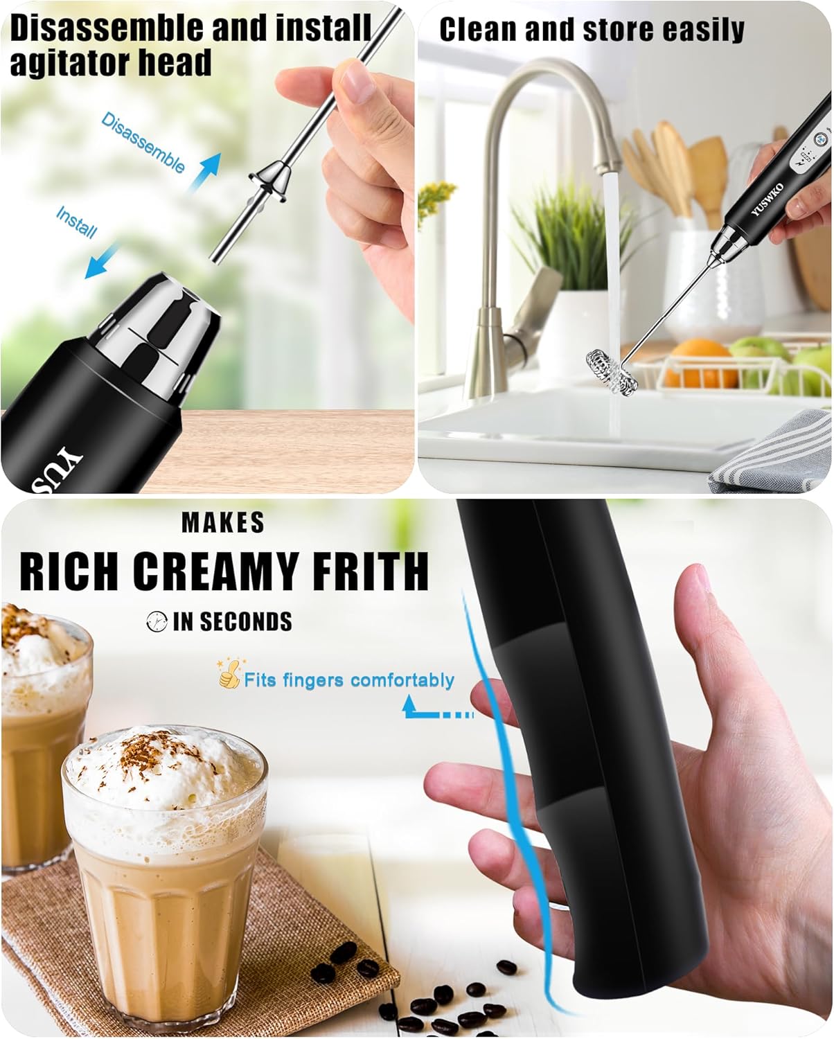 YUSWKO Rechargeable Milk Frother Handheld Frother Wand Drink Mixer for Coffee, Electric Whisk 3 Speed Adjustable, Coffee Foamer Maker with 3 Stainless Whisks Ideal Stirrers for Travel - Black