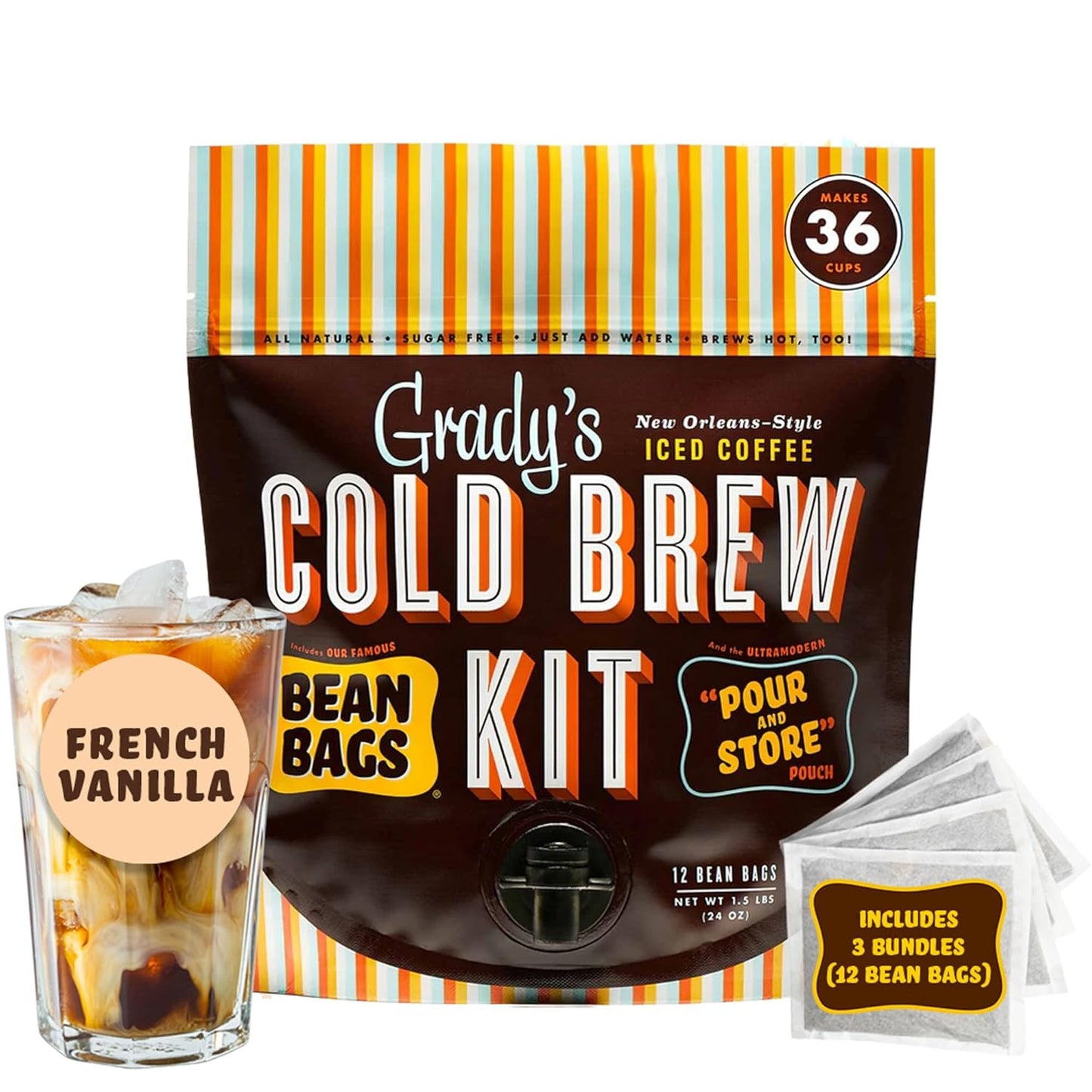 GRADY'S COLD BREW, French Vanilla, 100% Arabica Ground Coffee & Chicory Pouches, All-in-One Cold Brew Kit with 12 Easy-to-Brew Bags, Makes 36 Drinks