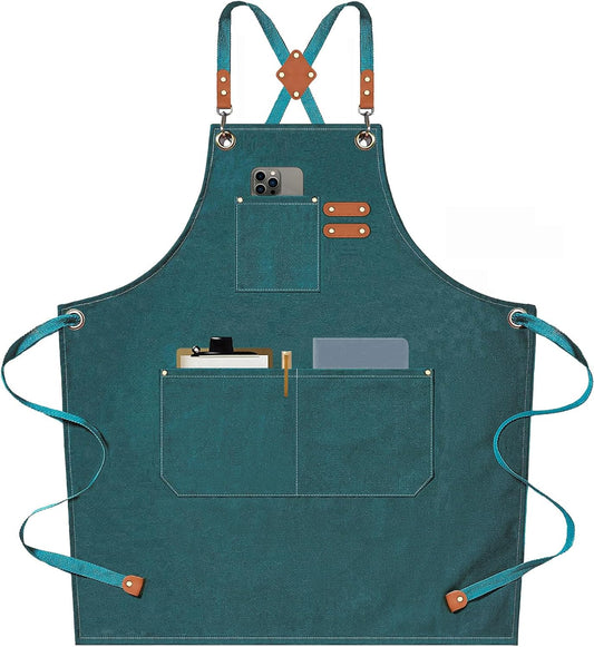 AFUN Chef Aprons for Men Women with Large Pockets, Cotton Canvas Cross Back Heavy Duty Adjustable Work Apron, Size M to XXL (Darkgreen)