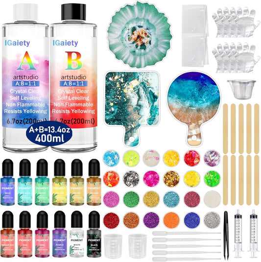 IGaiety Resin Coaster Molds Silicone Kit Cutting Serving Board Mold 82 Pcs Geode Tray Molds with Pigments for Starter Beginners Bundle Epoxy Resin Coasters Casting Kit Cup Mats Home Decoration Set