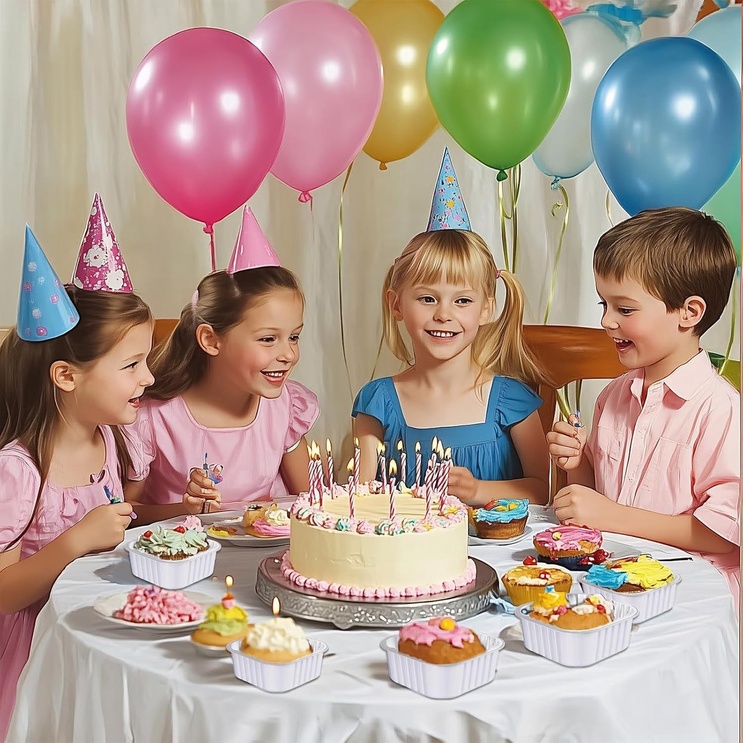 25 Pack Square Mini Cake Pans with Lids,Mini Loaf Pans with Lids,Aluminum Foil Baking Cups,Disposable Ramekins Cupcake Cups,Dessert Cups for Wedding Birthday Party Picnics,5oz (White)