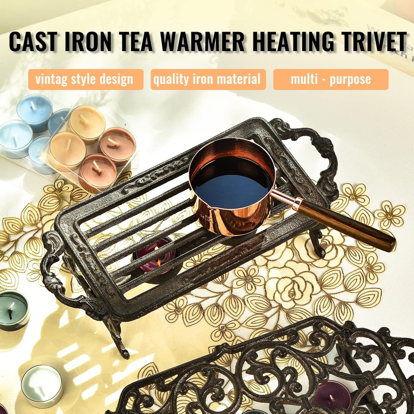 Sungmor Heavy Duty Cast Iron Teapot Dish Warmer Stable Holder for Tealight Stand | Tealight Warmer Decorative Stove for Villa Yard Balcony-Rectangle