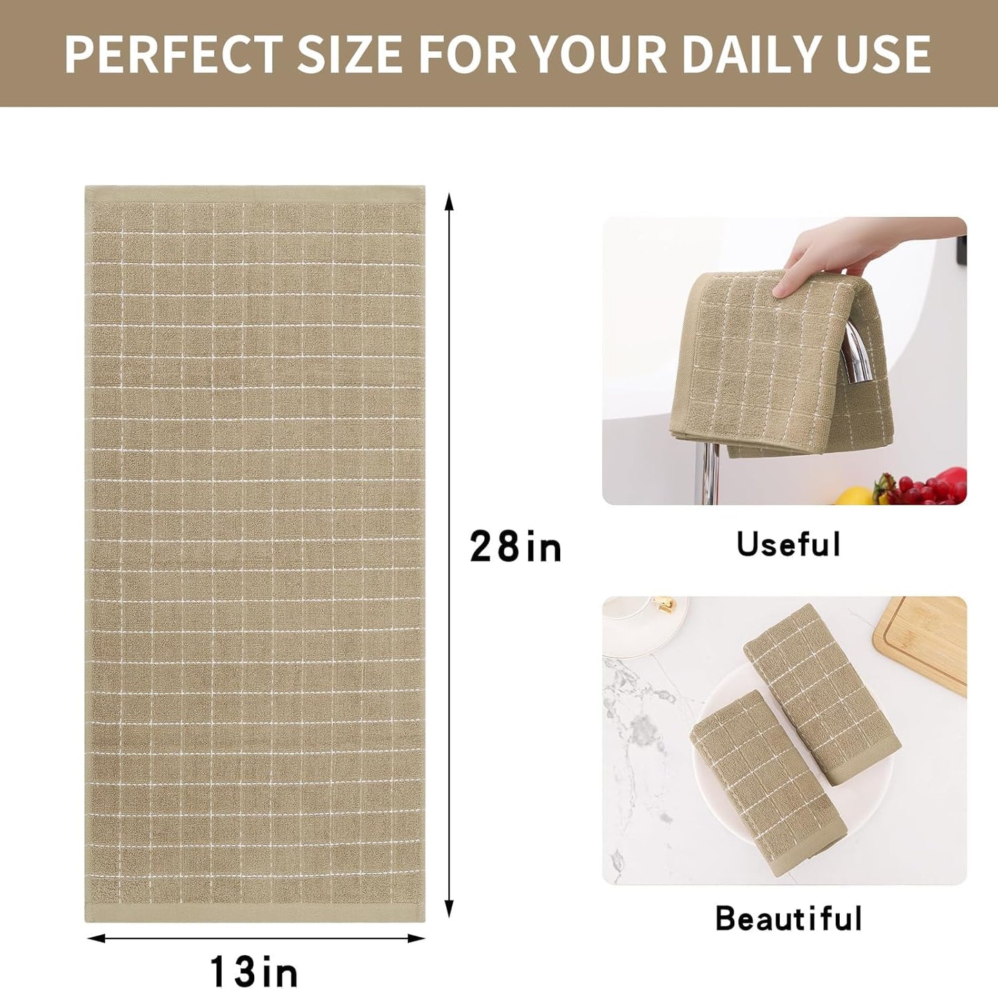 Homaxy 100% Cotton Terry Kitchen Towels(Tan, 13 x 28 inches), Checkered Designed, Soft and Super Absorbent Dish Towels, 4 Pack