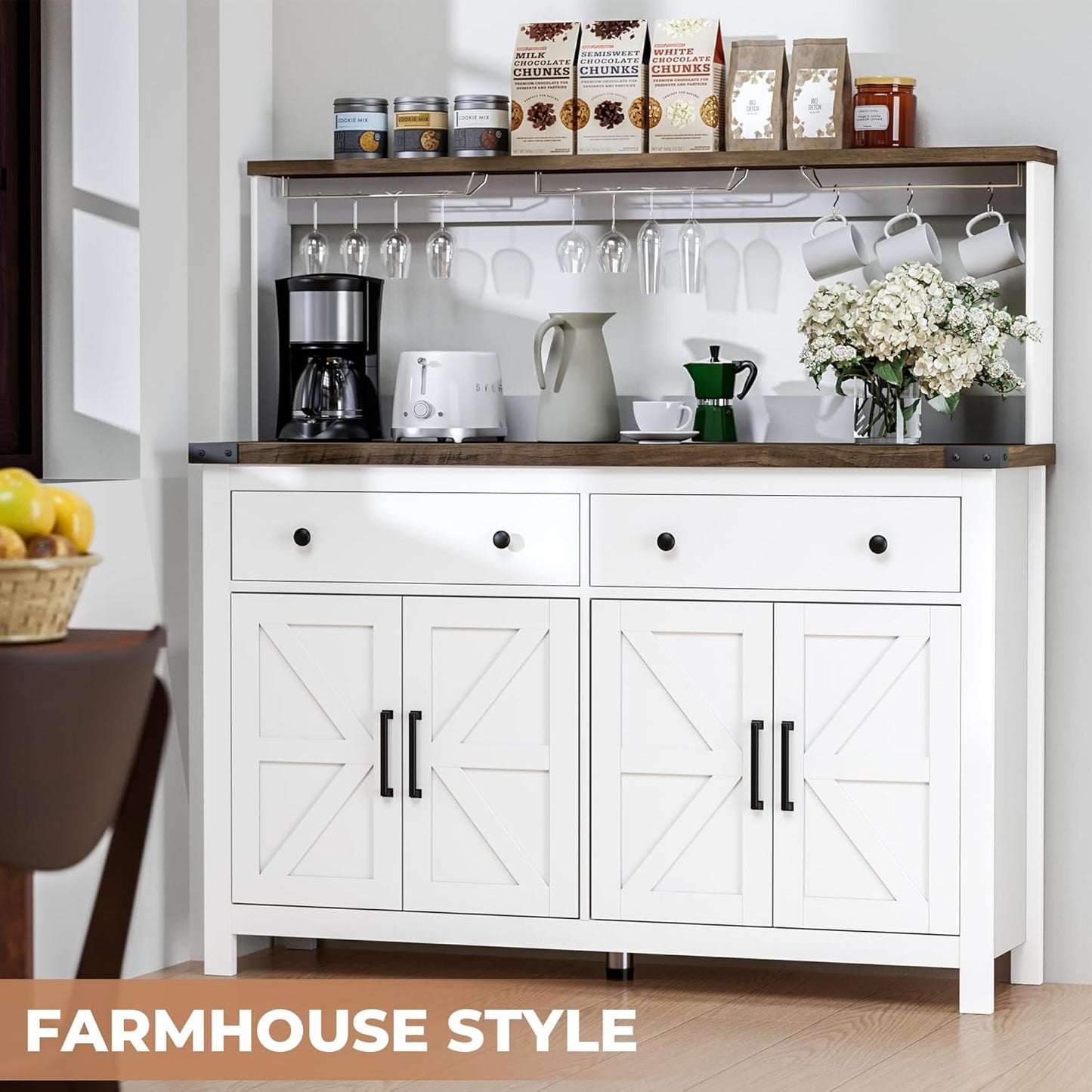 Hutch Storage Cabinet Buffet with Drawers, and Charging Station, Coffee Bar Cabinet with Barn Doors, Wine Rack and Hooks, Countertop, Long Farmhouse, White, for Kitchen, Dining Room, 54.1" High