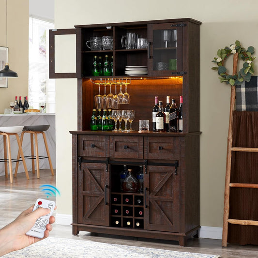 AMERLIFE 72'' Coffee Wine Bar Cabinet with Sliding Barn Door, Farmhouse Kitchen Sideboard, Buffet Storage Table, Wine Glass Racks, 3 Drawers, LED Lights, Tall Hutch Home Bar for Dining Room Brown