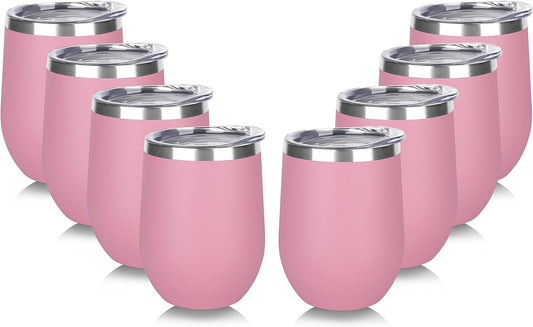 DOMICARE Stainless Steel Wine Tumbler Bulk with Lid, Personalized Insulated Tumblers Set, 12oz Travel Coffee Cups Pack of 8, Pink