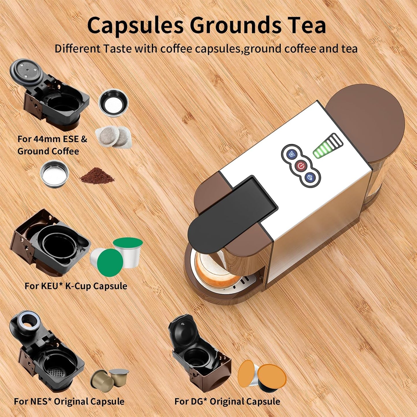 KOTLIE 5in1 Espresso Machine, Single Serve Coffee Maker for NES* Original/KEU* K*cup/D*olce G*usto/Ground Coffee/illy 44mm ESE, Cold&Hot Brew, Level 7 watervolume, 19Bar, 1450W Coffee Machine