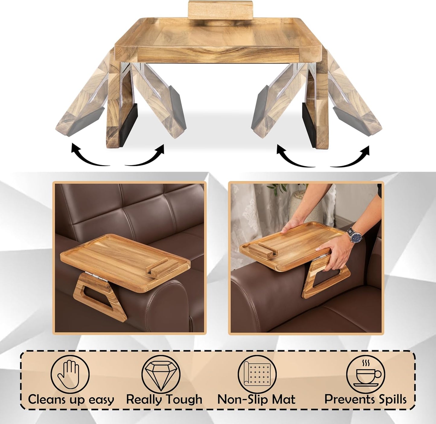 Acacia Wood Sofa Armrest Tray-15.4 x 9.84 in Double Hinge Sofa Arm Tray Table Clip-Couch Arm Table-Wooden Side Tables for Eating (Acacia,15.4" D x 9.84" W x 5.7" H)(Light Natural)