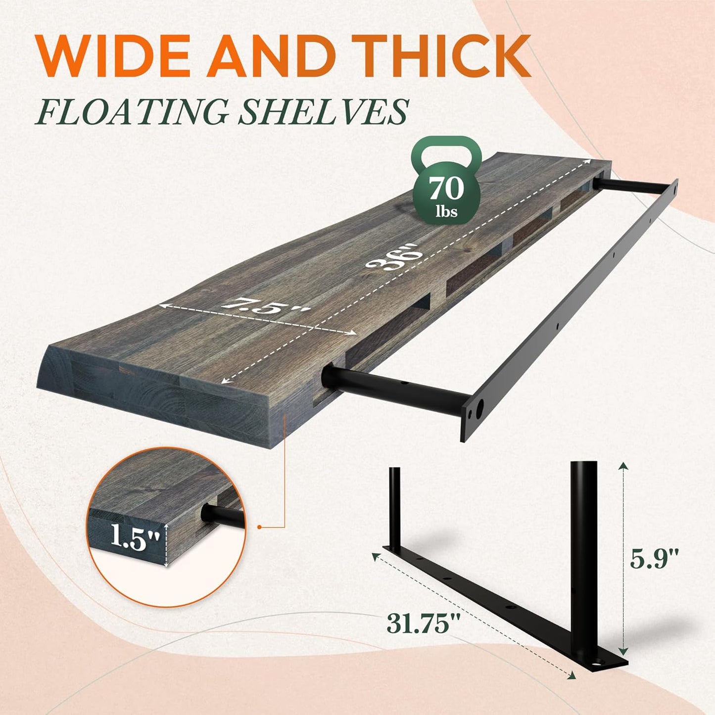 36" Acacia Live Edge Floating Shelves Set of 2 - Wall Mounted Wooden Shelf for Stylish Home Décor - Mocha Color 36x7.5x1.5 Inches