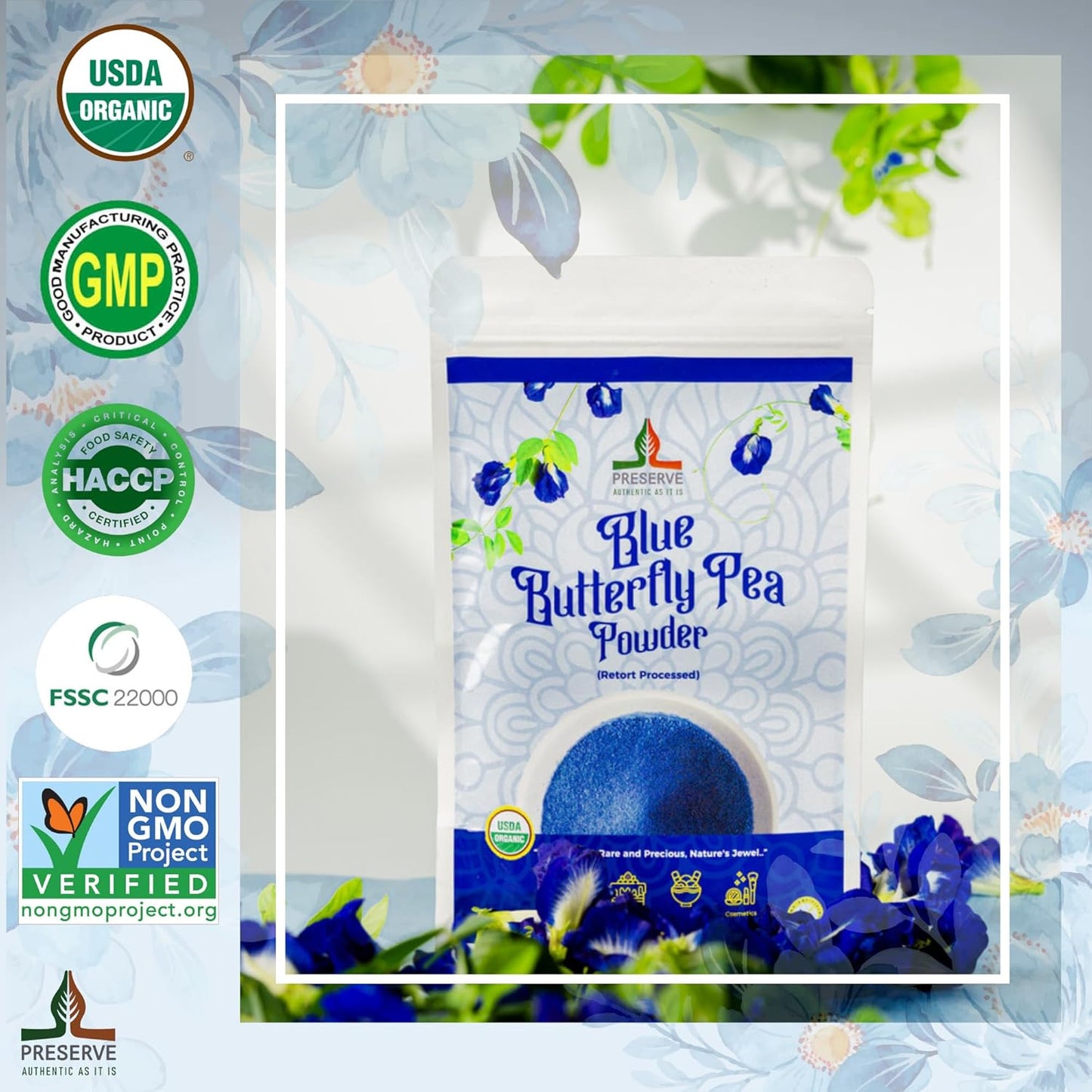 Pure Butterfly Pea Flower Powder, 100% Pure Natural Food Coloring, Non-GMO, Vegan, Retort Processed, Antioxidant-Rich, Blue Lotus Flower Powder